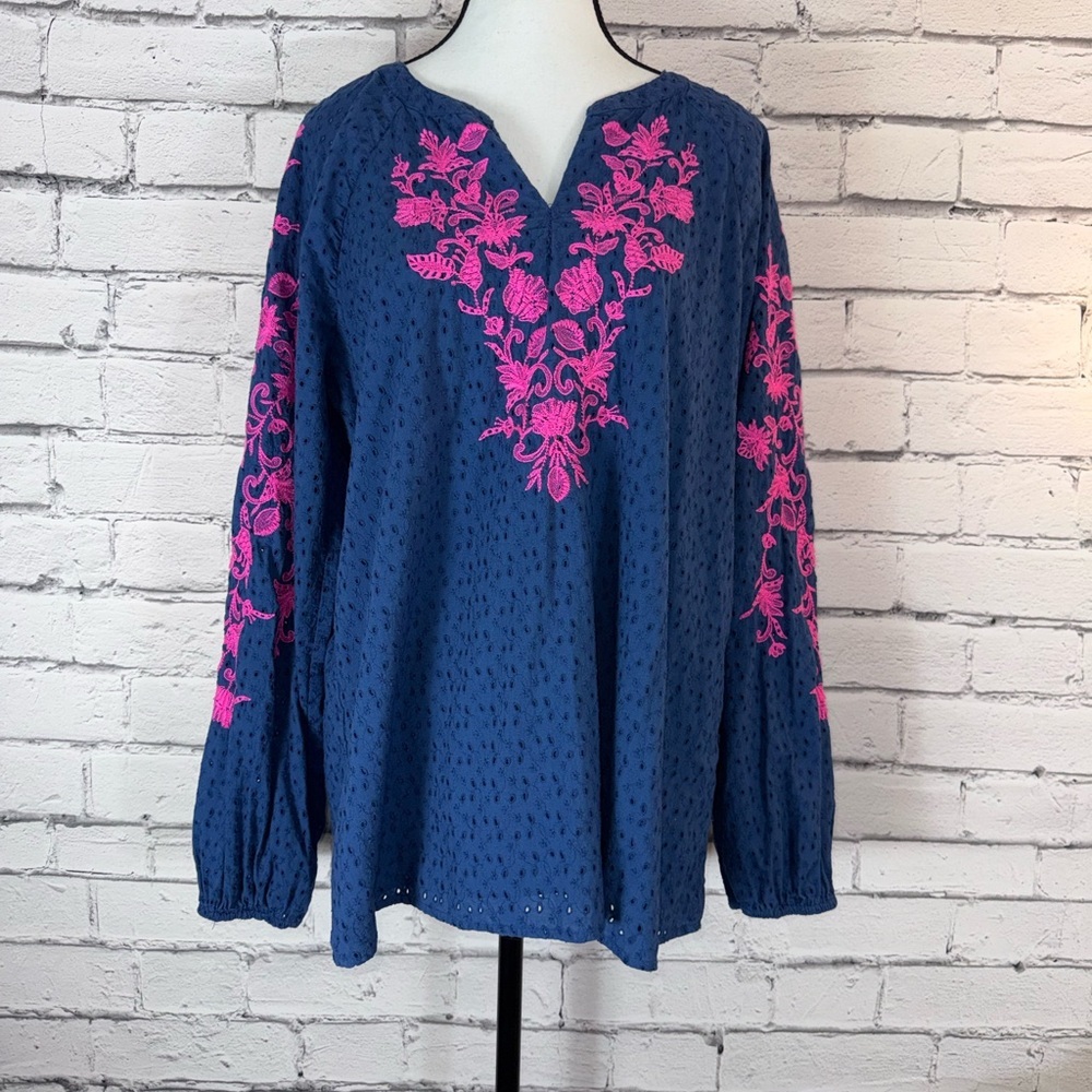 Lilly Pulitzer Coretta Navy Tunic Top Pink Embroidery Long Sleeved Size Large
